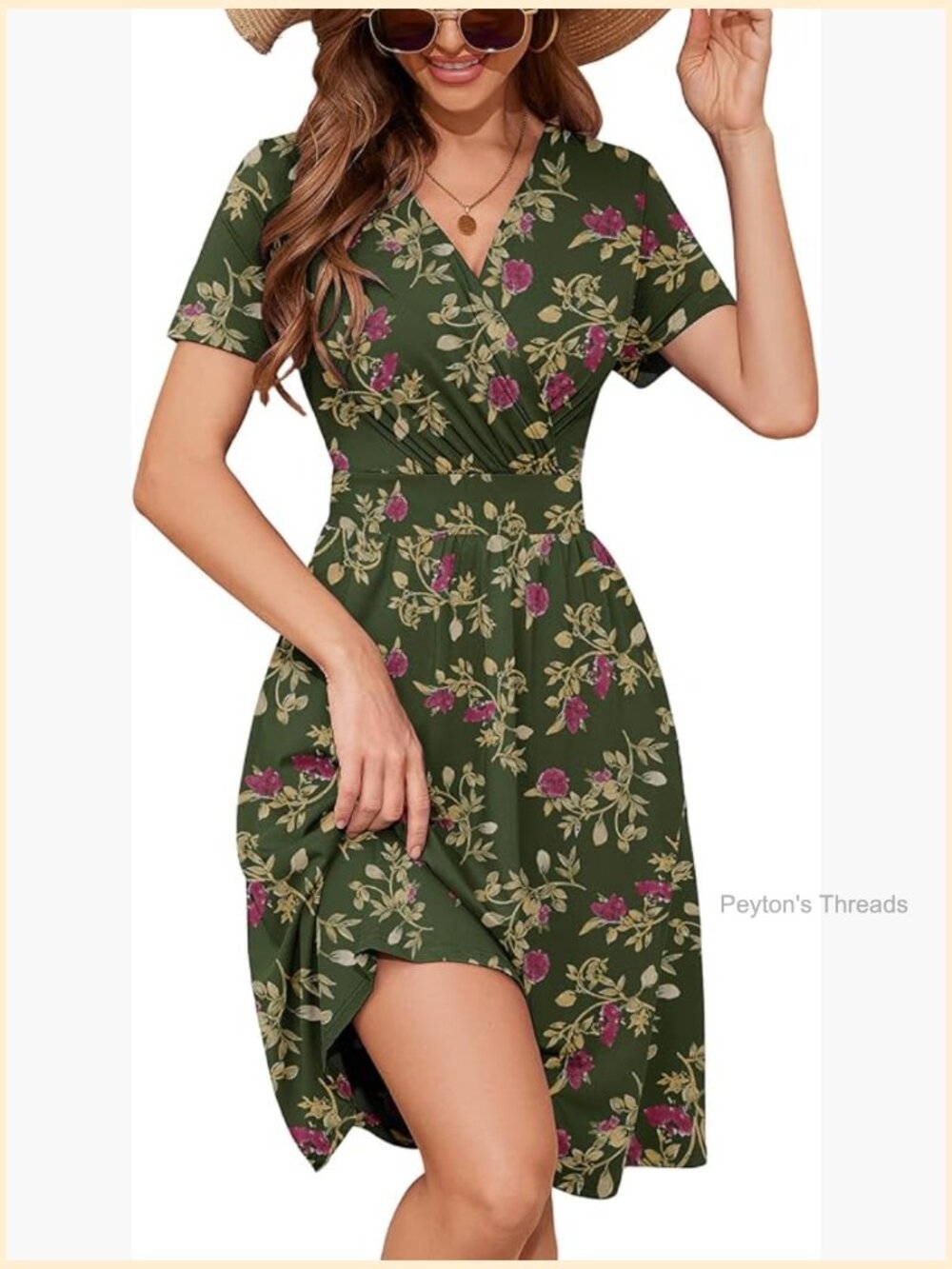 V-Neck Short Sleeve A-Line Midi Dress with Pockets